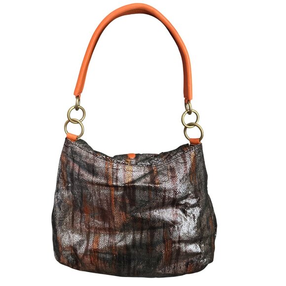 Malini Murjani Exotic Collection Leather Trim Metallic Orange Black Shoulder Bag - Picture 3 of 12